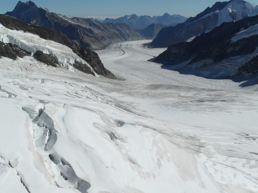 Aerial view of the Aletsch Glacier, the largest glacier in Europe.