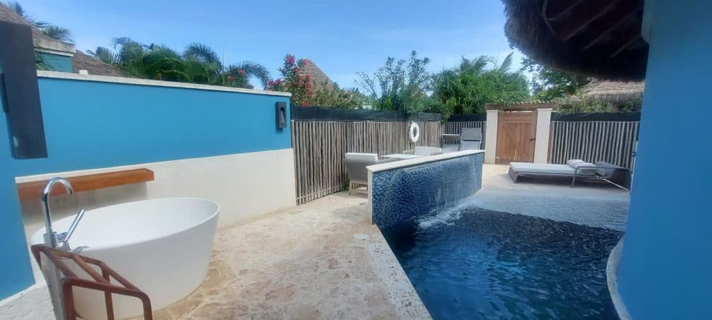 Outdoor pool area of the South Seas Royal Rondoval Butler Suite with Private Pool Sanctuary at Sandals Royal Barbados.