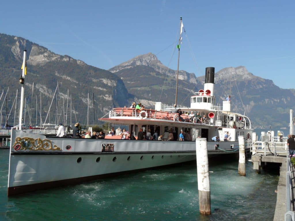 William Tell Express train waiting for passengers on Lake Lucerne.