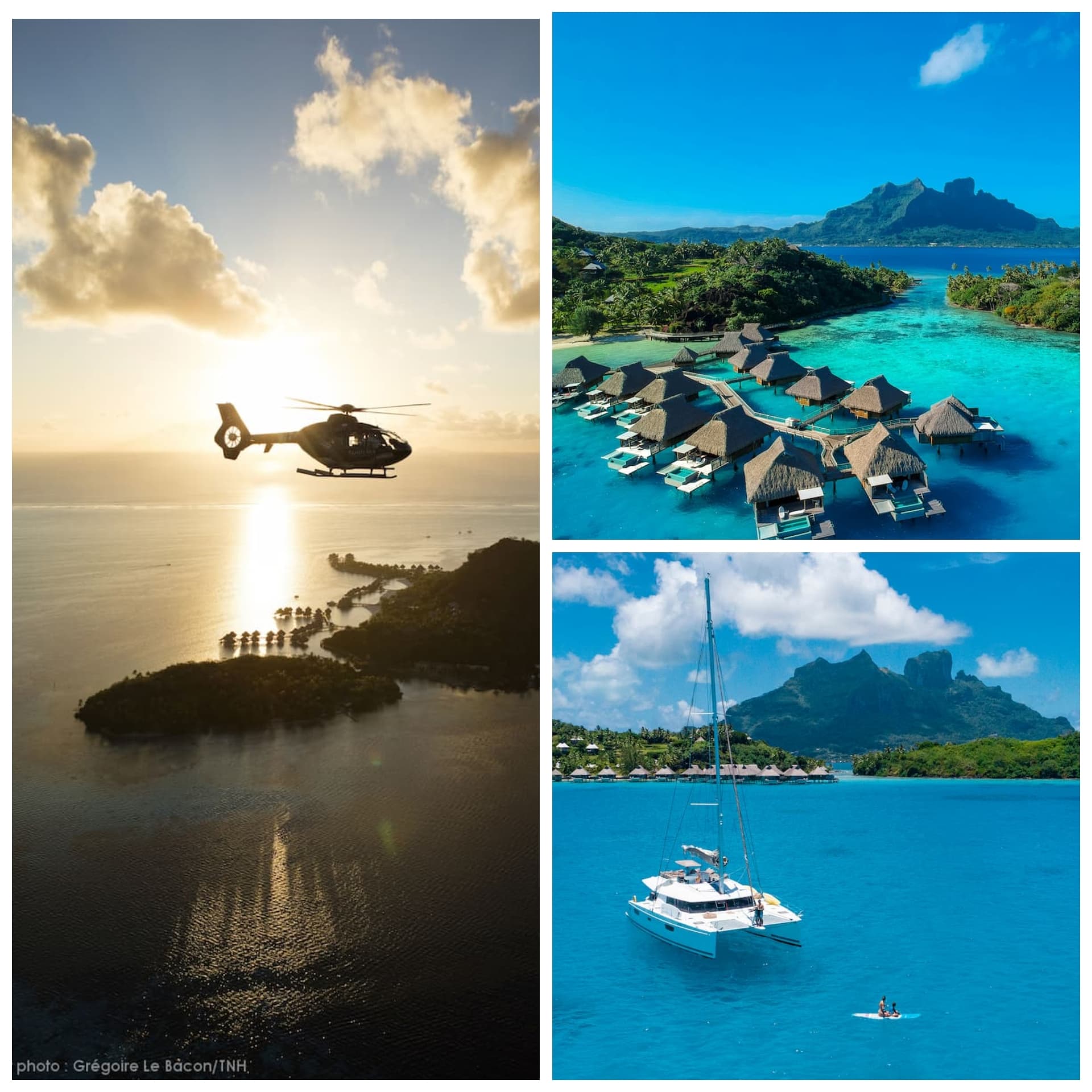 Collage of Conrad Bora Bora Nui Resort with helicopter flying over the resort at sunset, aerial view of the resort with Mt. Otemanu, and catamaran with a couple on paddle boards in front.