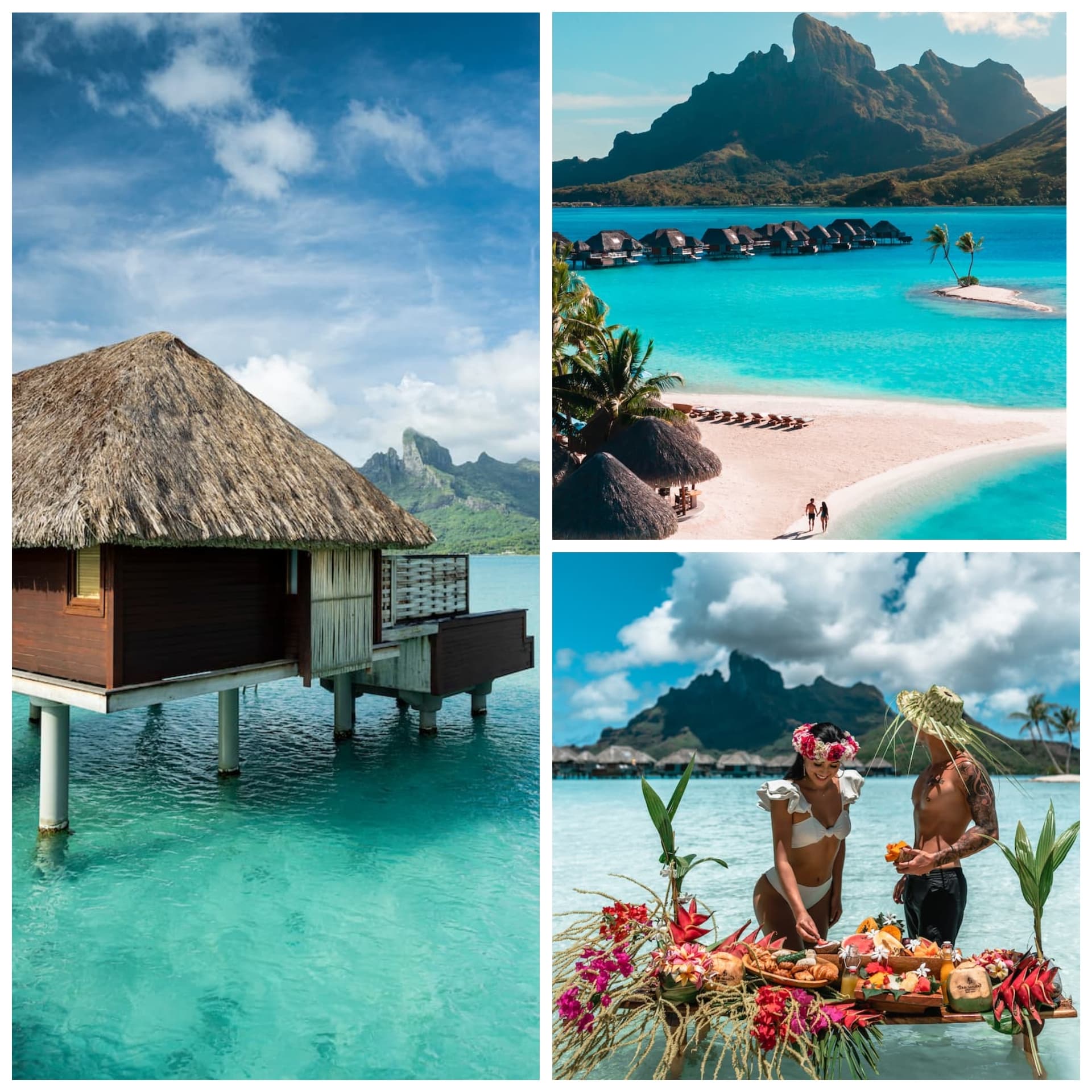 Collage of Four Seasons Resort Bora Bora with overwater bungalow and Mt. Otemanu, couple strolling along white sand beach, and couple with breakfast in a canoe.