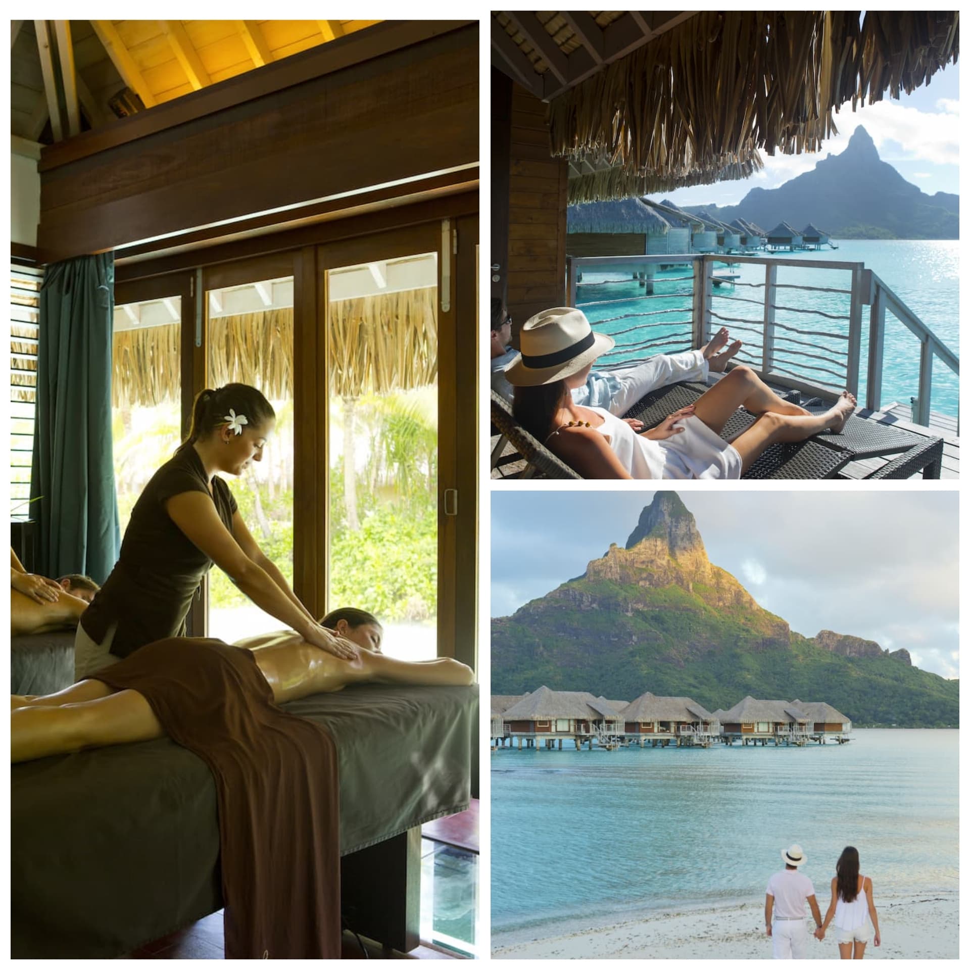 Collage of Intercontinental Bora Bora Resort with a couple receiving a massage over glass floor, couple on the deck of overwater bungalow, and couple strolling on white sand beach with Mt. Otemanu in the background.