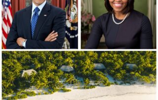 Official formal portraits of Barack and Michelle Obama above an aerial shot of The Brando resort, showing four villas and the pristine beach, related to Obama's find peace at The Brando Resort.
