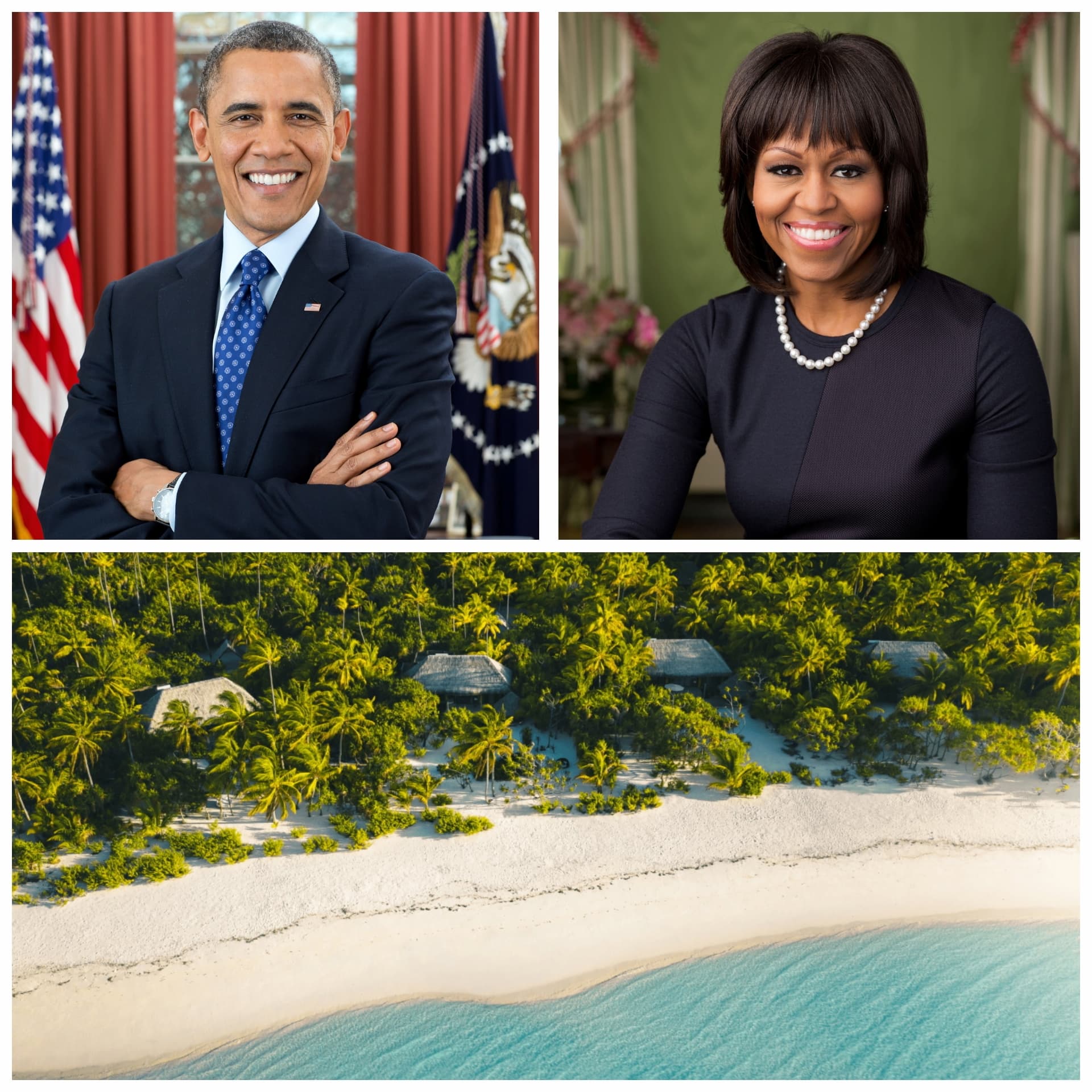 Official formal portraits of Barack and Michelle Obama above an aerial shot of The Brando resort, showing four villas and the pristine beach, related to Obama's find peace at The Brando Resort.