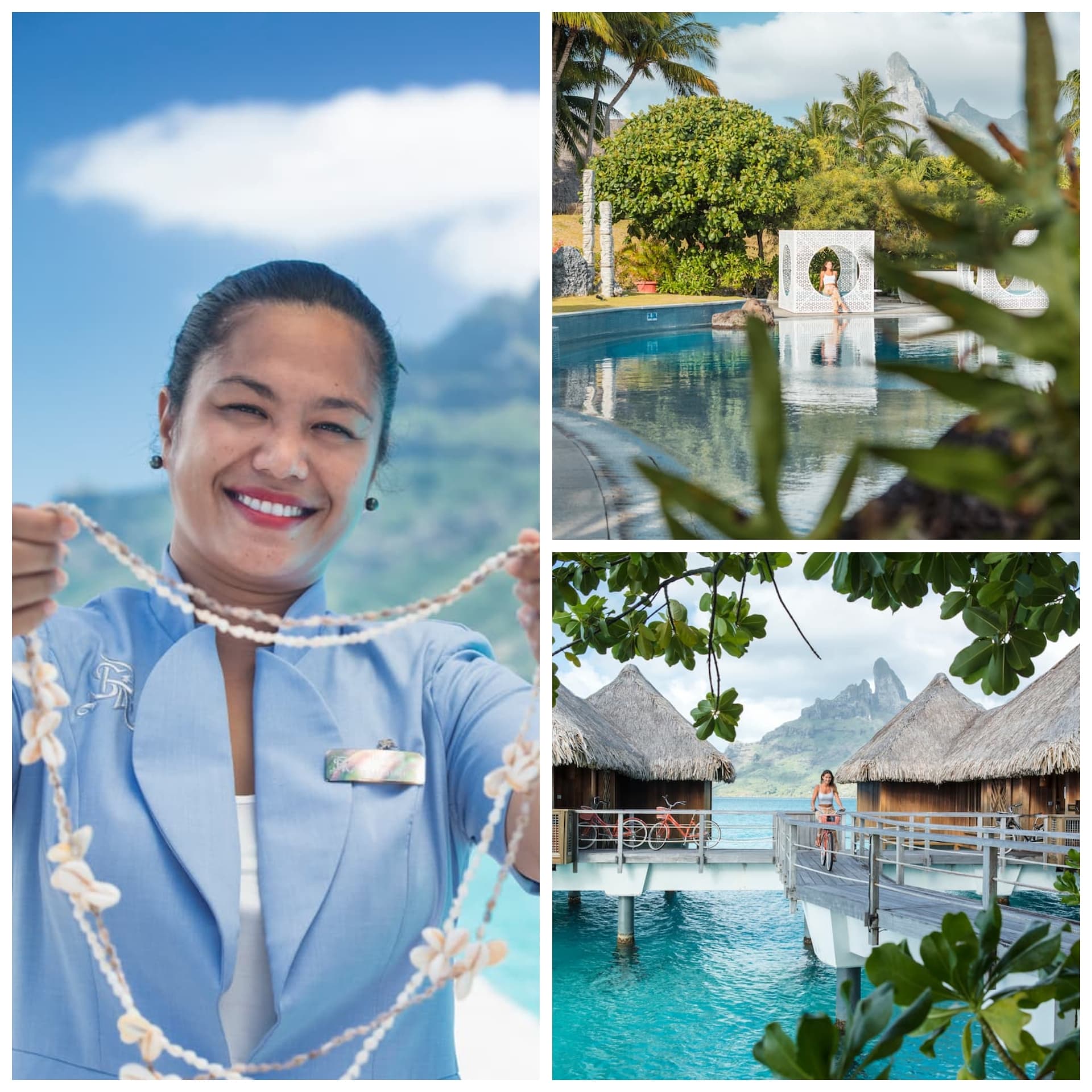 Collage of The St. Regis Bora Bora Resort with a woman presenting a Tahitian shell lei, a woman sitting in a cabana over a lagoon, and a woman riding a bicycle on the wooden walkway next to overwater bungalows.