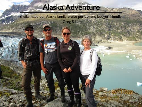 Family on Alaska cruise with glacier in the background planned by Sheila Cannon