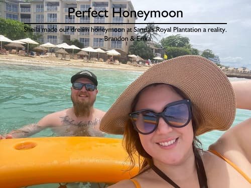 Couple smiling in Caribbean waters at Sandals Royal Plantation, Jamaica during their honeymoon