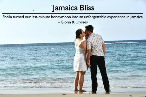 Couple kissing on the beach in Jamaica during their honeymoon planned by Sheila Cannon