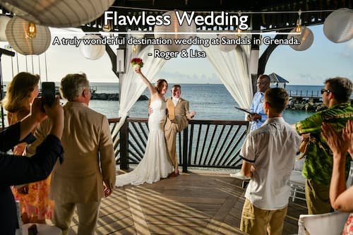 Sandals destination wedding Grenada couple celebrating in gazebo with Caribbean Sea backdrop