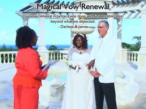 Happy couple with officiant at their 10-year anniversary vow renewal at Sandals Ochi in Jamaica, perfectly planned by Sheila Cannon.