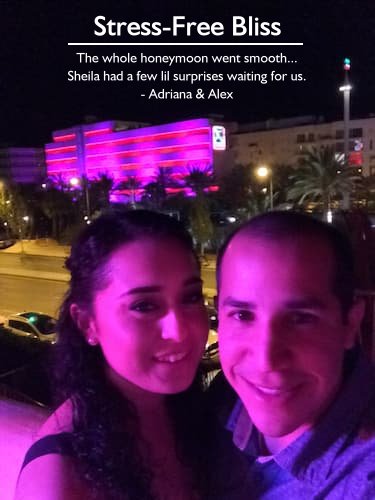 Adriana & Alex bathed in neon light on their honeymoon in Ibiza, with Sheila’s exceptional honeymoon planning making their trip stress-free and perfect.