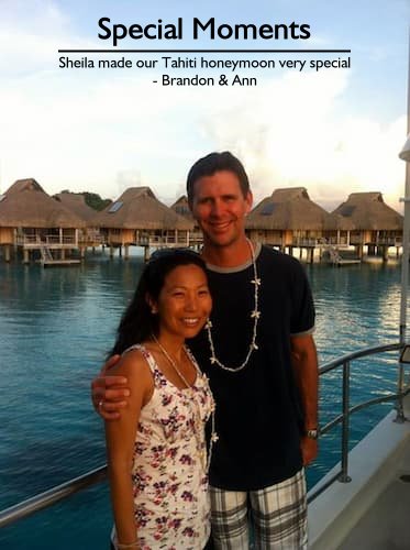 Brandon & Ann standing in front of overwater bungalows in Bora Bora, Tahiti on their honeymoon, planned by Carefree Romantic Vacations.