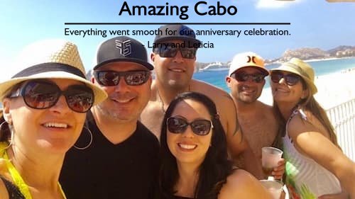 Three couples on the beach of their all-inclusive Cabo resort celebrating their 7th wedding anniversary, planned seamlessly by Sheila Cannon.