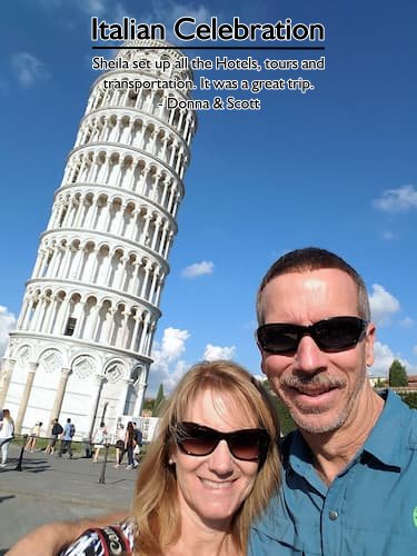 Smiling couple in front of the Leaning Tower of Pisa during their anniversary trip, showcasing Sheila’s anniversary trip planning expertise.