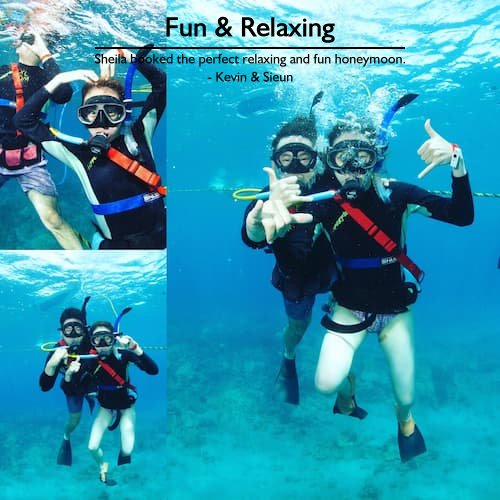 Couple snorkeling in clear waters during their perfect honeymoon planned by a honeymoon specialist.