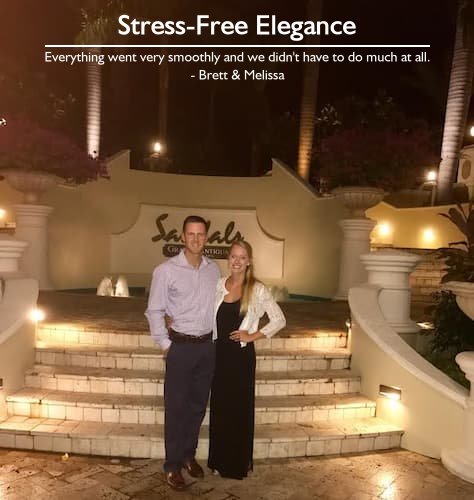 Smiling couple dressed up for dinner at Sandals Grande Antigua, showcasing a stress-free honeymoon experience planned by Sheila.