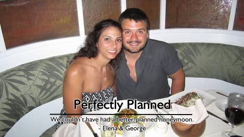 Elena & George enjoying a romantic dinner during their honeymoon in Maui and Kauai, expertly planned by Sheila Cannon to meet all their expectations.