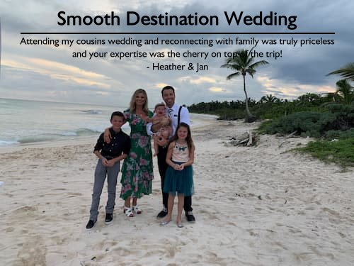 Family of 5 on the beach during destination wedding travel planned by Sheila Cannon