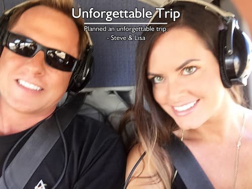 Couple smiling with headsets on in the backseat of a helicopter flying over Hawaii, stress-free vacation planning with Carefree Romantic Vacations.