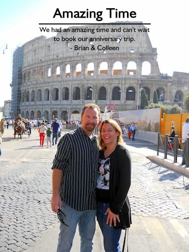 Smiling couple in front of the Colosseum during their honeymoon in Italy, planned by Sheila Cannon, who made the trip stress-free and unforgettable.