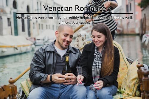 Loving couple enjoying a gondola ride in Venice during their honeymoon, planned by Sheila for a stress-free experience.