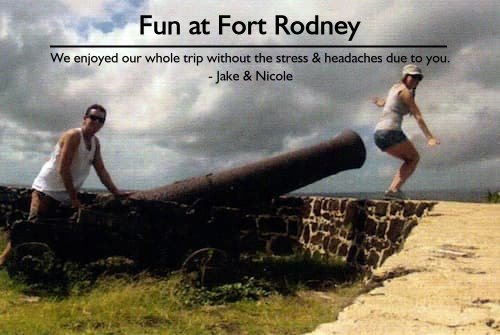 Jake & Nicole enjoying their honeymoon at Sandals Grande St. Lucian, with Jake playfully aiming a cannon at Nicole at Fort Rodney.