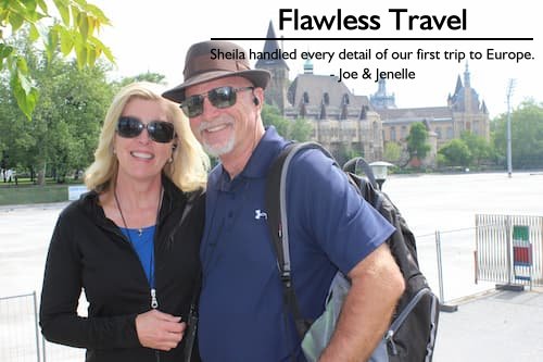 Joe and Jenell Hollett smiling during their Danube River cruise with extra nights in Vienna and Budapest, a flawless vacation planned by Sheila Cannon.