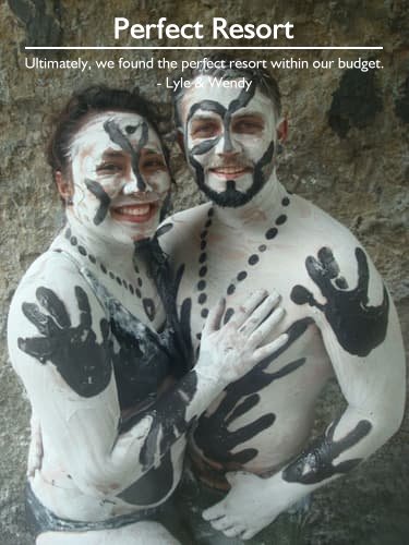 Lyle and Wendy at the volcano mud baths in St. Lucia during their belated honeymoon at Sandals Regency La Toc, planned by Carefree Romantic Vacations.