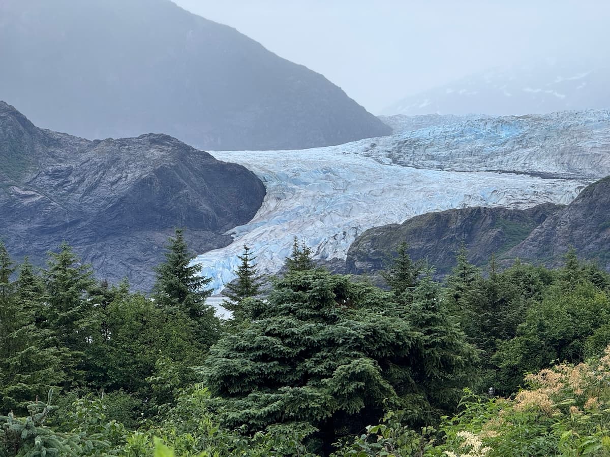 Mendenhall Glacier with trees and mist, a stunning sight during an Alaska cruise adventure.