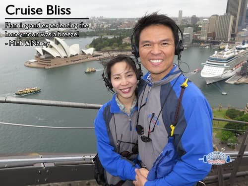 Minh and Nancy enjoying their honeymoon cruise to Australia and New Zealand, organized by Sheila, their expert honeymoon travel agent.