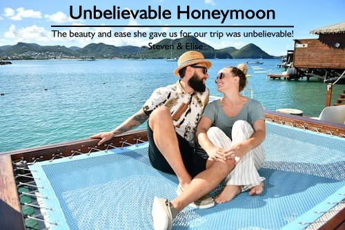 Honeymoon couple on overwater hammock at Sandals Grande St. Lucian with beautiful ocean and mountain views