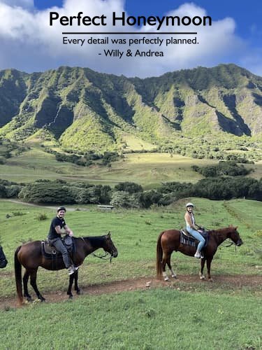 Couple on horseback during their perfect honeymoon in Hawaii planned by Sheila Cannon