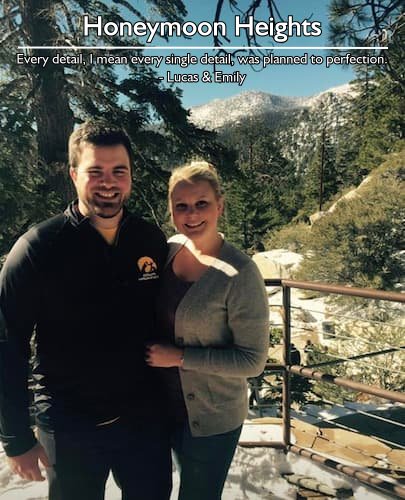 A smiling couple on an overlook in the mountains of Southern California during their perfect honeymoon, showcasing Sheila’s exceptional planning.