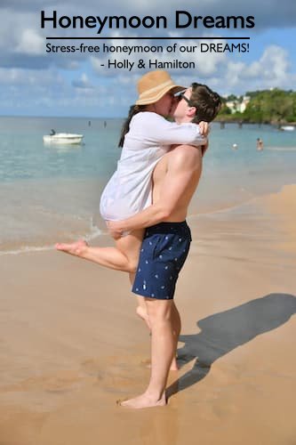 Couple sharing a kiss on the beach during their stress-free honeymoon of their dreams planned by Sheila Cannon