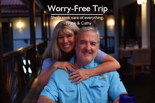 Frank and Cathy enjoying their stress-free vacation at the resort, smiling and happy, planned by Sheila Cannon.