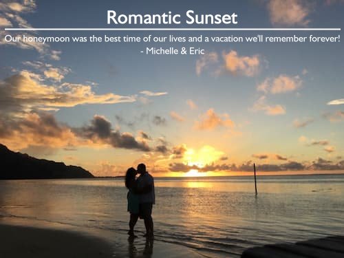 Couple kissing on the beach in Bora Bora at sunset, enjoying a honeymoon planned by Sheila for a perfect getaway.