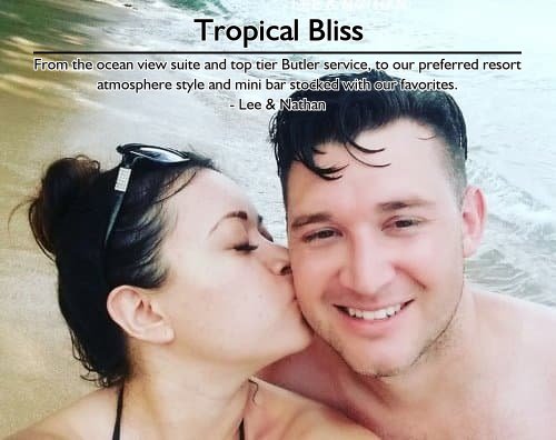 Couple enjoying a romantic moment on the beach at an all-inclusive Sandals resort in the Caribbean, highlighting Sheila’s luxury honeymoon planning.