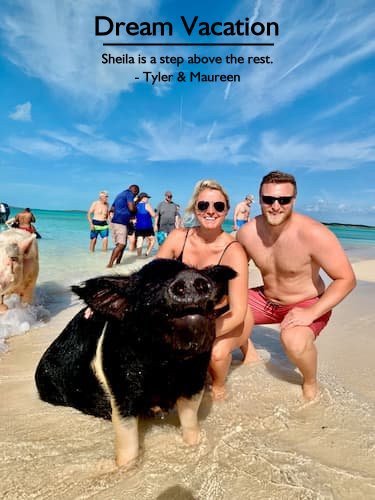 Dream vacation in the Bahamas swimming with pigs, planned by top-tier vacation planner Sheila.